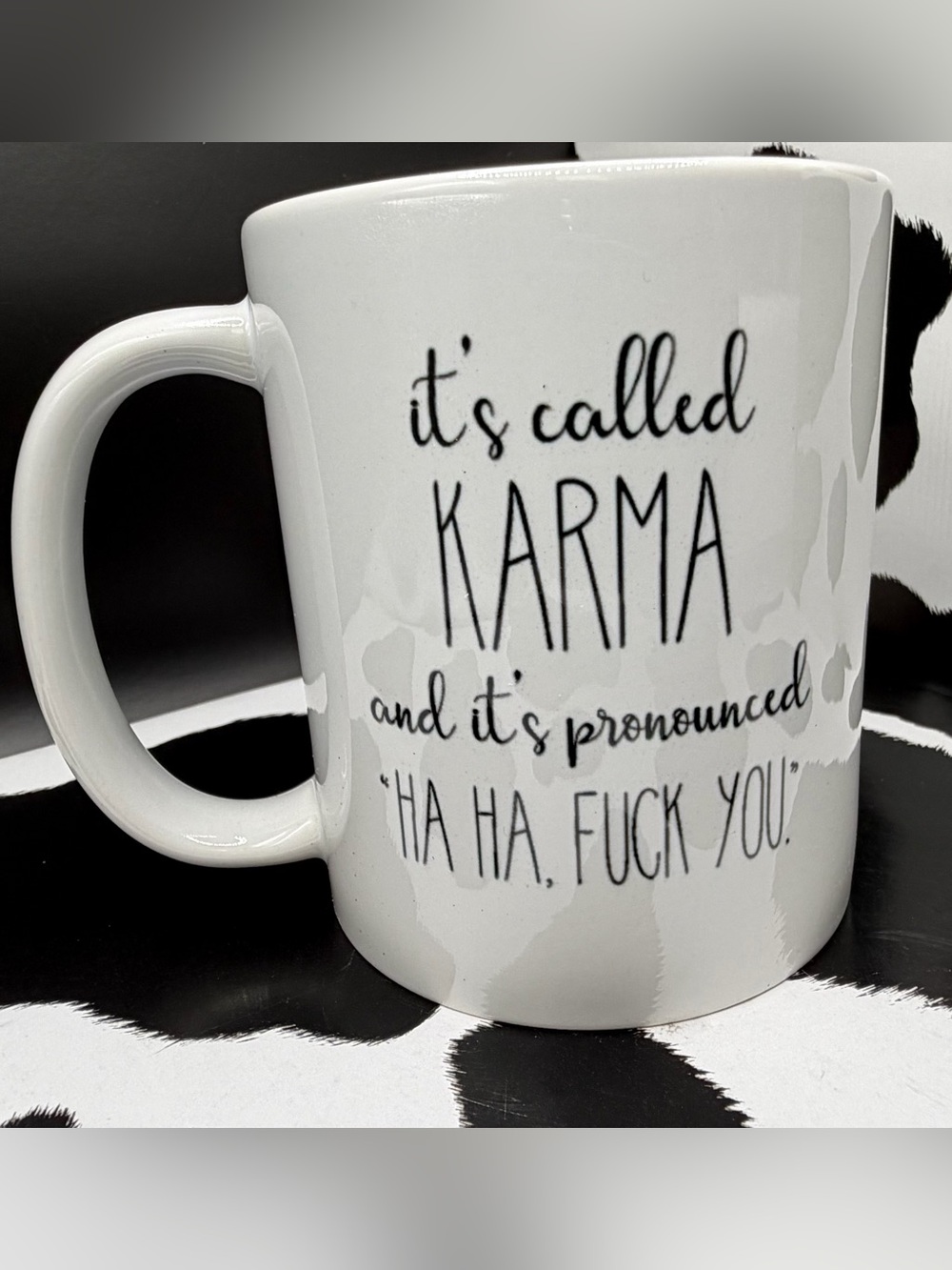Karma White Ceramic Mug with Black Script